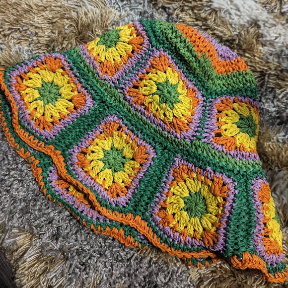 Hand Knit Boho Hollow Out Hat Crochet Bucket Hat Wide Brim Flower - Picture 1 of 5